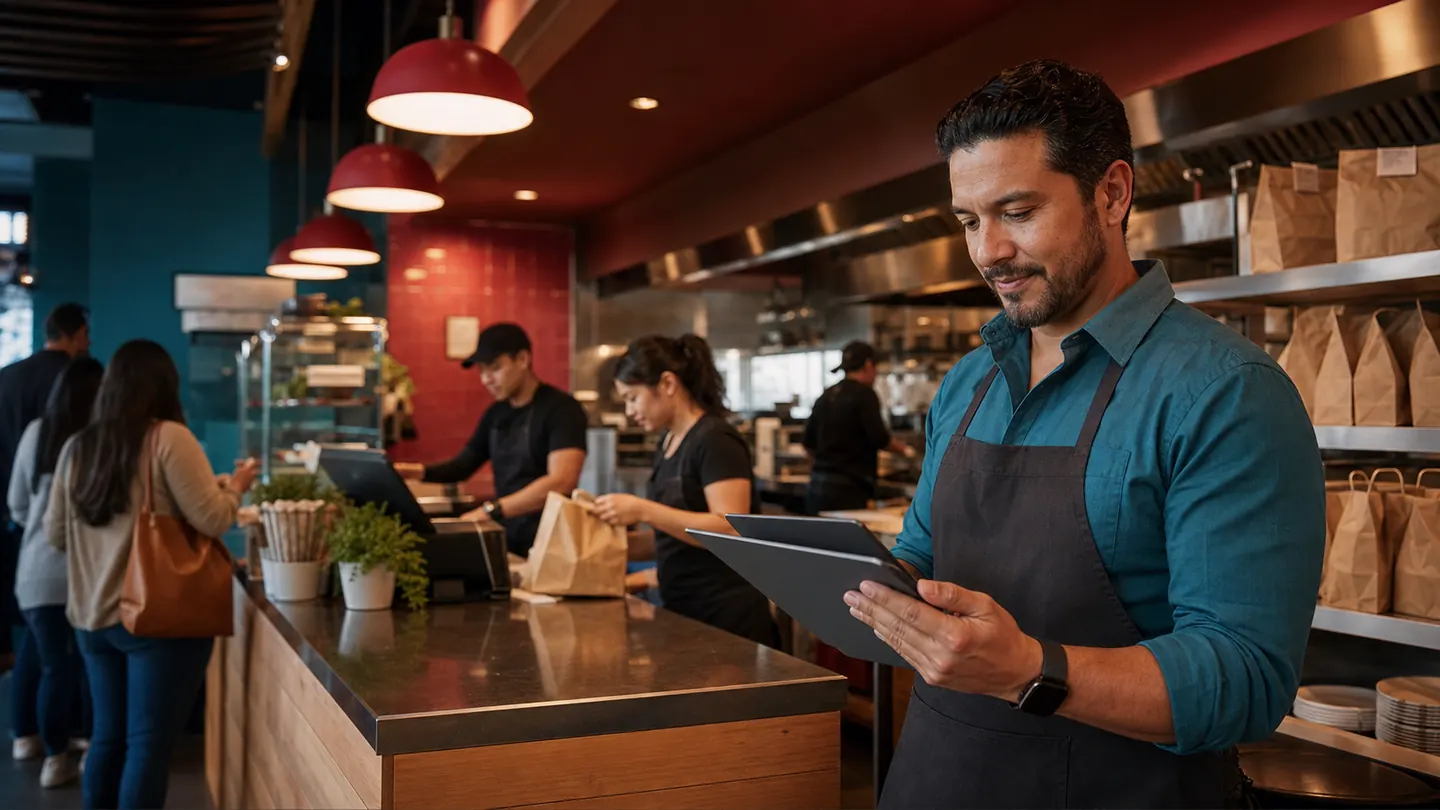 Restaurant operator reviewing direct pickup orders during dinner service