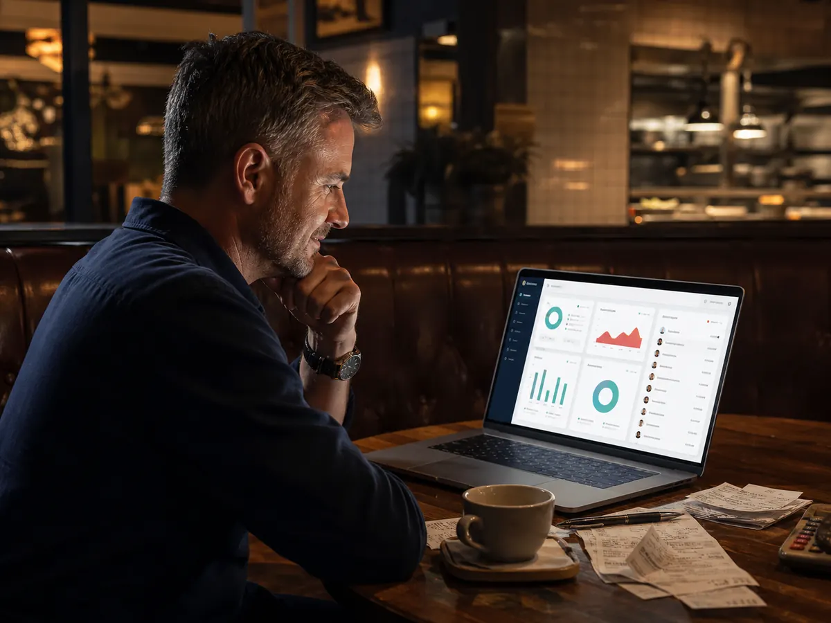 Restaurant operator reviewing order reporting and customer data after service