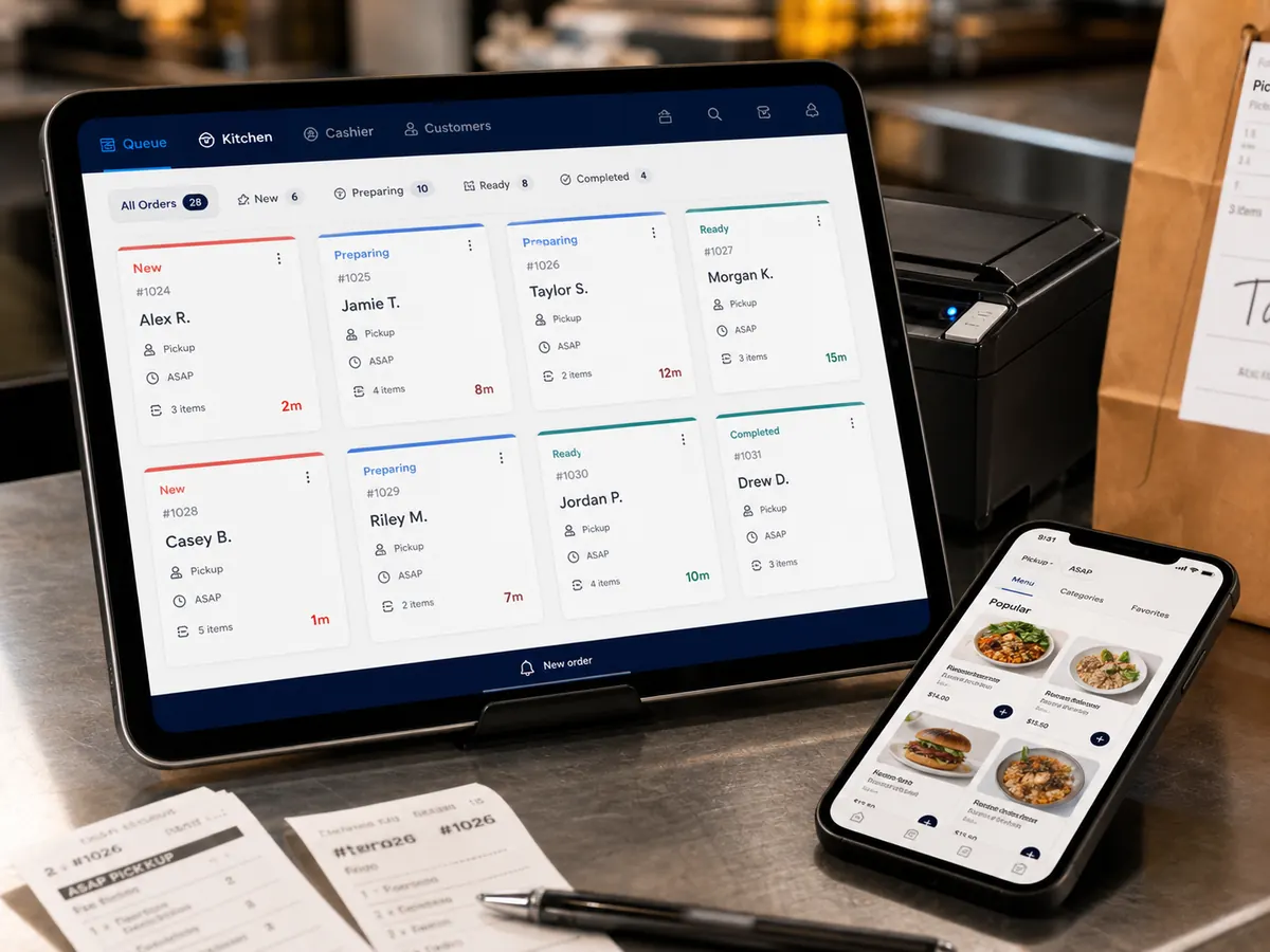 Restaurant ordering screens showing tickets and menu